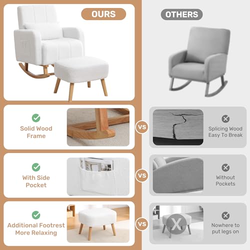 Image of HCHAIRH Rocking Chair with Ottoman, Upholstered Glider Rocker with High Backrest and Side Pocket, Comfy Reading Chair with Solid Wood Legs for Nursery, Living Room,Bedroom White