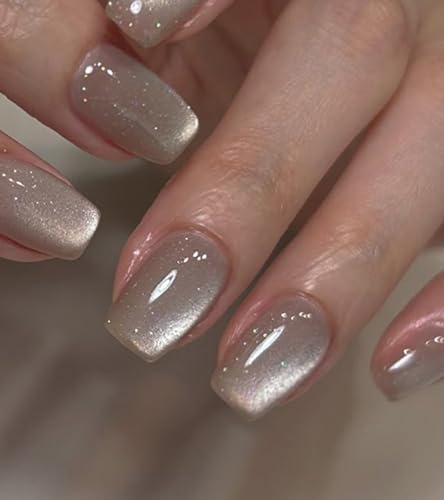 Artquee Press on Nails Short Gleaming Cat Eye Square False
