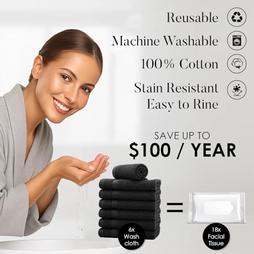 Image of DAN RIVER 12-Pack Premium 100% Cotton Black Face Towels for Bathroom - Reusable Face Wash Cloths for Showering 12x12 Inches - 550 GSM Super Soft & Absorbent Luxury WashCloths for Body, Spa & Gym