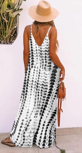 Image of Bluetime Women Summer Spaghetti Strap Maxi Dress V-Neck Sleeveless Flowy Boho Floral Beach Long Dress with Pockets