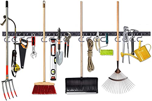 Garden Tool Organizer, 64 Inch Garage Wall Organizers and Storage, Adjustable Storage System, Wall Holders for Tools, Wall Mount Tool Organizer, Heavy Duty Tools Hanger with 4 Rails 16 Hooks