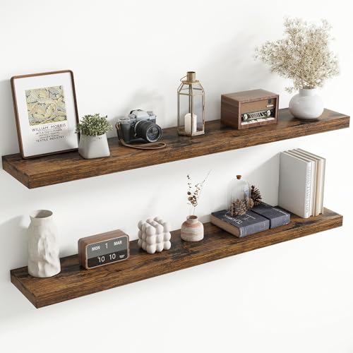 Image of 55 Inch Floating Shelves for Wall, 8 Inch Deep Floating Shelf for Storage & Display, Wall Mounted Shelf with Invisible Brackets for Living Room, Kitchen, Bathroom, Home Decor, Set of 2, Rustic Brown