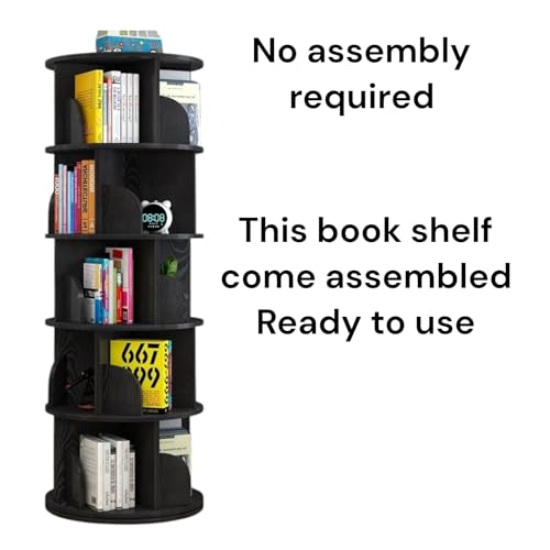 Image of AESTHETIC DECOR Wooden Rotating 360 preassembled Book Shelf Tower case Open Rack Organiser Space-Saving 5 Tier Corner Stand for Home Library Kids Room Ready to Use (Black) Multipurpose use