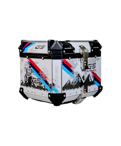 Image of Aluminium Top Box 45L with Backrest | Motorcycle Rear Storage Luggage Box | White GS Graphics | Universal Fit