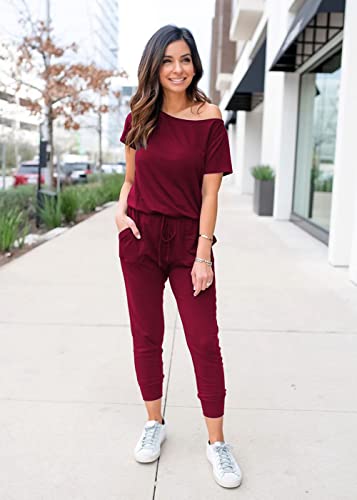 Image of PRETTYGARDEN Jumpsuits for Women Summer Off Shoulder Romper | Short Sleeve Drawstring Waist, Jogger Jumpers with Pockets, One Piece Spring Break Outfits, Vacation Travel Lounge Clothes