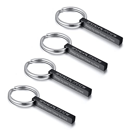 VNOX Pack of 4-Personlized 3D 4 Sided Name Dainty Bar Black Stainless Steel Keychain,Gift for Husband Wife