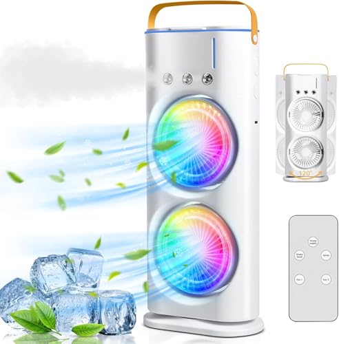 Image of Mini Cooler for Room Cooling AC Portable Mini Fan Artic Cooler with 7 Colors LED Light, 1 /2 /3 H Timer, 3 Wind Speeds and 3 Spray Modes for Office,Home,Dorm,Travel (Double)
