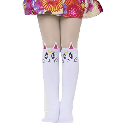 Monvecle Girls Tight Cartoon Tail Hosiery Pantyhose Legging Mock Knee Nude High Stockings White Cat 5-9y