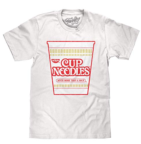 Tee Luv Men's Faded Cup Noodles Shirt - Nissin Ramen Food Logo T-Shirt (White) (L)