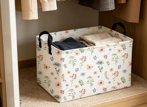 Image of Rectangle Baskets Flower Basket Cute Storage Bin Organizer Box for Room Decor Gift Basket(Watercolor flower)