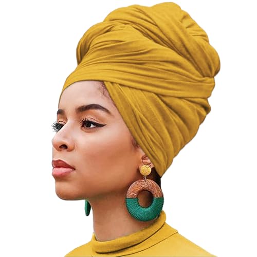 XTREND 1 Piece Head Wraps Stretch Jersey Long Turban Ultra Soft Knit Hair Scarfs African Fashion Headband Tie Breathable Headbands Shawls for Women (Turmeric)