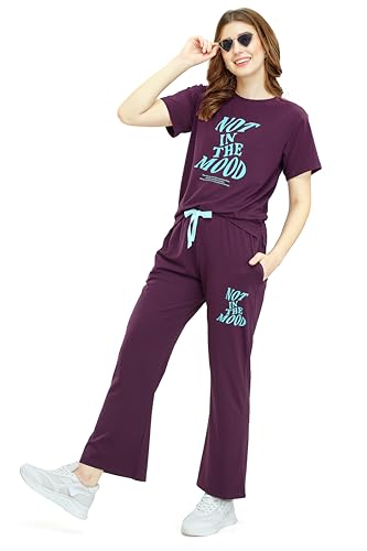 Image of ZEYO Women's Cotton Typography Wide Bottom Night Suit Set of Top & Pyjama