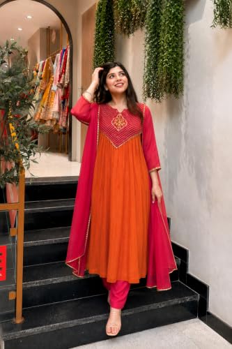 Image of ANNI DESIGNER Viscose Blend Kurta for Women | Kurta with Pant & Dupatta | A Line Embroidered Suit | Indian Ethnic Outfit Office Party Wedding Clothing Fashion Premium Traditional Style Look 3 Piece