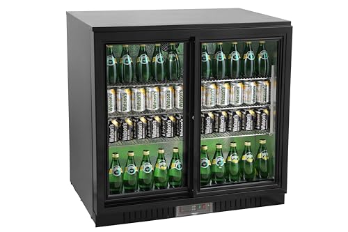 METRO Professional Frigo Vetrina per bevande con porta in vetro, 90x52x86.5cm, acciaio/alluminio/vetro, refrigerazione ventilata, con serratura e chiave (Nero, 198 L - porte scorrevoli)