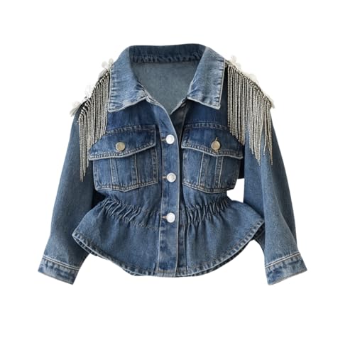 WELAKEN Jean Jacket for Girls Kids & Toddler with Rhinestone Tassels Denim Jacket & Outerwear Coats,5T