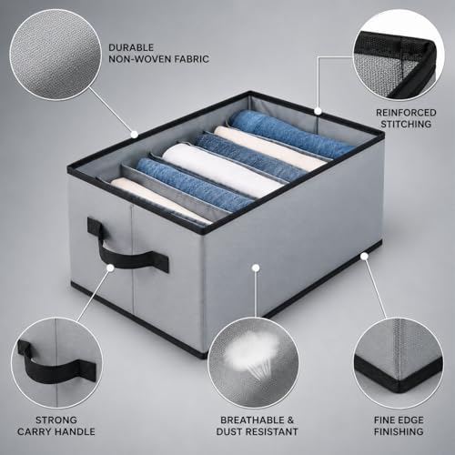 Image of 7 Grids Non Woven Storage Box, Cloths Drawer Organizer Wardrobe Drawer Organizer For Jeans, Tshirt, Leggings, Sweaters Jeans Pants Storage Organizer Box grey