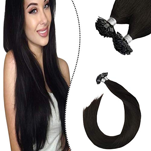 20 Pulgadas Pre Bonded Brazilian Human Hair Extensions #1B Off Black Flat Tip Cabello Extensiones 50g 1g/s Cover