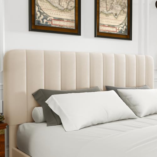 Image of VECELO Queen Size Upholstered Bed Frame with 4 Drawers and Headboard, Velvet Platform Storage Bedframe, Wooden Slats Support, No Box Spring Needed, Beige