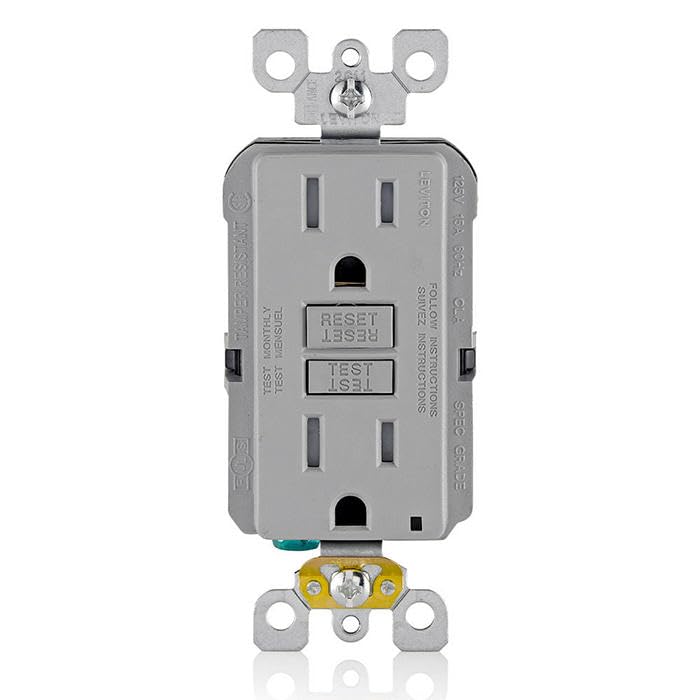 Image of Leviton GFCI Outlet, 15 Amp, Self Test, Tamper-Resistant with LED Indicator Light, Protection from Electric Shock and Electrocution, GFTR1-GY, Gray