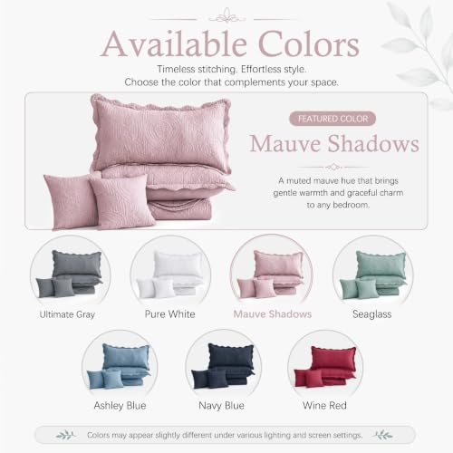 Image of HZ & HY Oversized King Bedspread, Embossed Damask Quilt Set King /Cal King, Lightweight Reversible Coverlet, Scalloped Edge - Soft Romantic Look, 5 Piece, Mauve Shadows