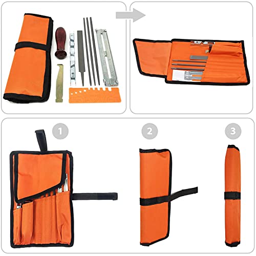 Kettensägen Schärfer Feilen Kit, 10 Stück Universal-Kettenfeilen-Schleifwerkzeuge, mit 5/32\ 3/16\ 7/32\ Rundfeile Flachfeile Holzgriff-Tiefenmesser, für alle Größen Kettensägen