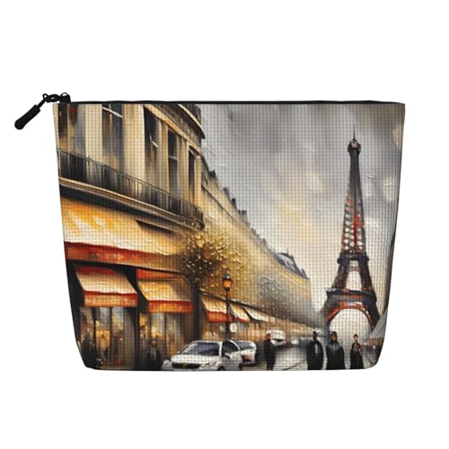 Oil Painting Paris Street Scene Eiffel Tower Daily Pouch Cosmetic Bag Fake Hemp Large Organizer for Travel Toiletry Water Resistant
