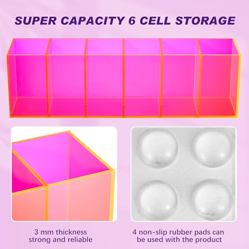 Image of Jetec Acrylic Pen Holder 6 Compartments Makeup Brush Stationery Organizer Pencil Holder for Desk Accessories, Cosmetic Brushes, Dorm, Home, Bathroom, Kitchen, Office Supplies(Neon Pink)