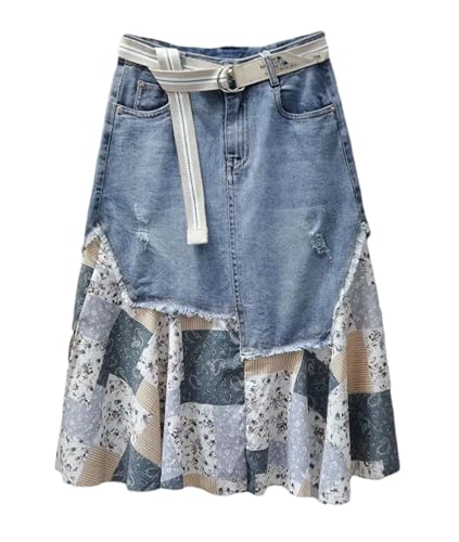 Women's Patchwork Midi Jeans Skirts Korean Bow High-Waist Denim Skirt