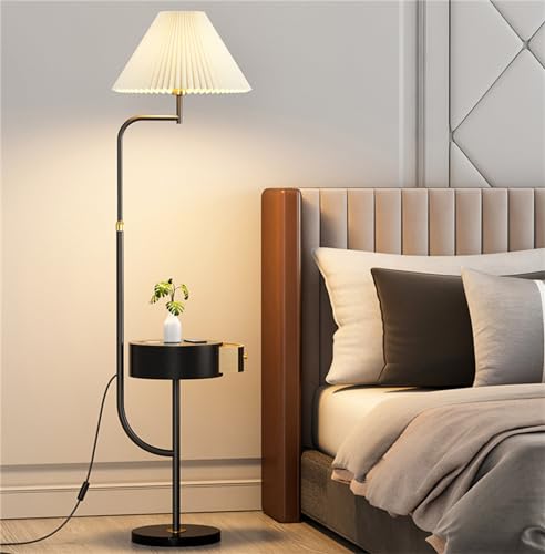 Lámparas de pie para Sala de Estar Lámpara de pie arqueada con cajón de Madera Lámpara de pie Minimalista Curva con Pantalla Plisada Lámparas de pie Bohemias para Sala de Estar y d