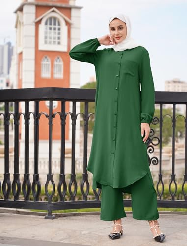 Image of IDOPIP Abaya Dress for Women Muslim Set Long Sleeve Chiffon Islamic Dress Shirt with Pants 2PCS Dubai Prayer Casual Clothes