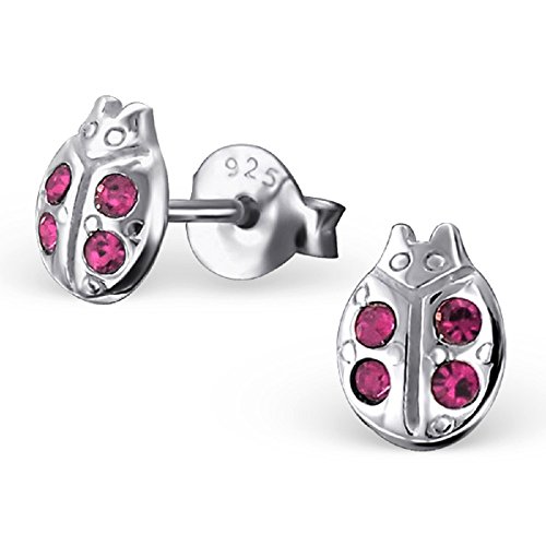 925 Sterling Silver Ladybug w/Rose Crystals Ear Studs 21807