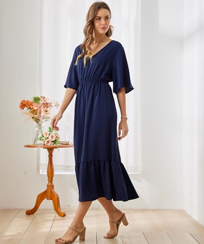 Image of Women's Summer Short Sleeve Maxi Floral Flowy Dresses with Pockets