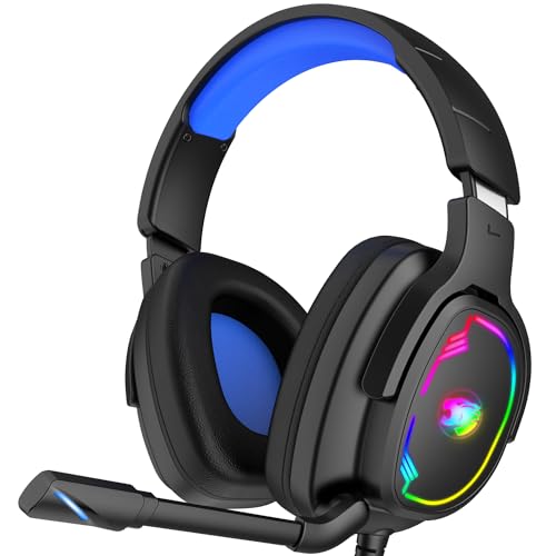 Gaming Headset for PC/PS4/PS5/Xbox One/Switch, Stereo Surround Sound Gaming Headphones with Noise Canceling Flexible Mic, Computer Headset with 3.5mm Jack & RGB Light(Blue)