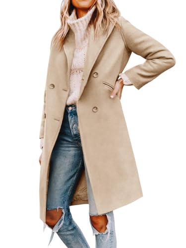 Cicy Bell Damen Mantel mit gekerbtem Reverskragen, zweireihig, Erbsenmantel, Wintermantel, Wollmischung, lange Jacken, Hellkhaki, M