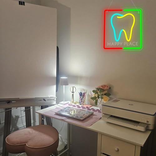Image of Happy Place Neon Sign Tooth Colorful Wall Light Gift for Dentistry Decor