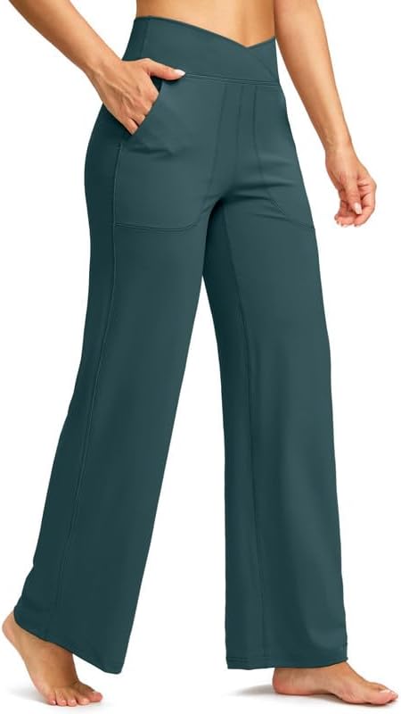 Soothfeel Wide Leg Pants Woman Yoga Pants with Pockets Crosscover High Waist Stretch Work Lounge Casual Dress Sweatpants Dark Blue