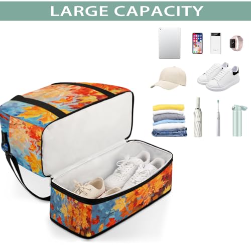 Foldable Carry On Bag for Travel, Expandable Duffle Bag with Shoe Compartment, Autumn Maple Leaf Oil Painting Lightweight Sports Gym Tote with Trolley Sleeve4