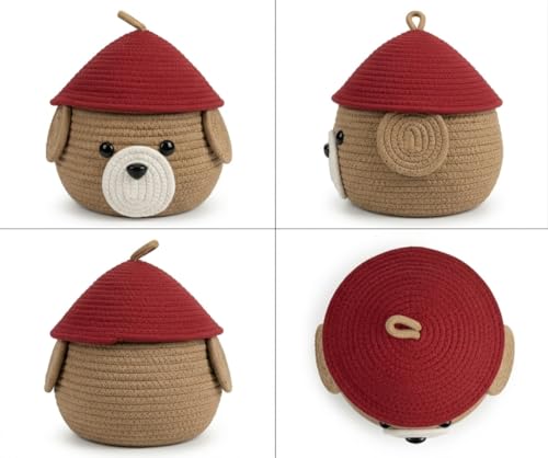Image of AuraNest Jute Storage Basket with Lid | Cotton Rope Multipurpose Organizer Box for Bathroom, Kitchen & Living Room | Vanity, First Aid & Utility Storage Basket (Red & Beige, Pack of 1)