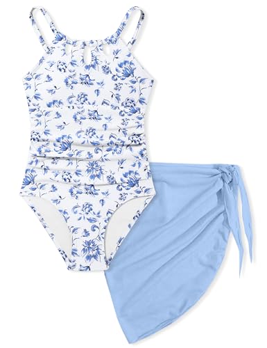 Image of KANGKANG Girls Swimsuit Quick Dry Cut Out One Piece Swimsuits with Tropical Print Cover Up Skirt Bathing Suit Swimwear 7-18Y