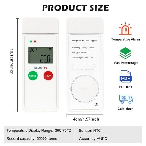Temperatur Datenlogger, USB-Datenlogger für Temperatur und Luftfeuchtigkeit, Wiederverwendbarer Temperaturs Logger, 65000 Punkte Hochpräzise Temperaturs Rekorder mit LCD PDF&CSV für Lagerverwaltung