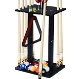 Pool Stick Holder with Multiple Storage, Floor-Standing Pool Cue Rack for 10 Cues, Pool Balls and Accessories, Wooden Billiard Equipment Storage Organizer for Billiard Room, Pool Table, or Game Club