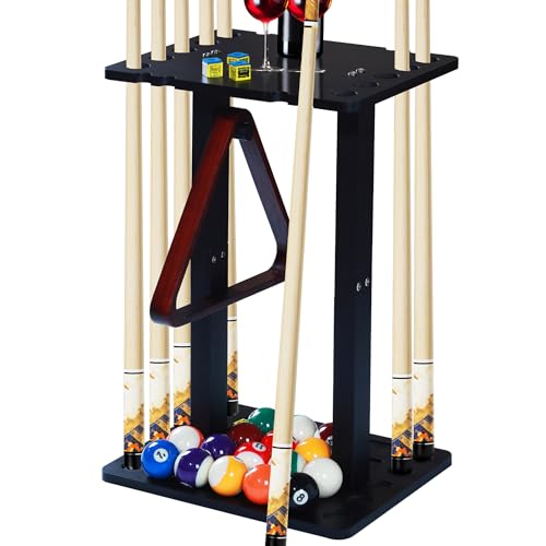 Pool Stick Holder-Pool cue holder floor stand with multiple storage designs , wood Pool Cue Rack Holder for 10 Cues Sticks Storage and Pool Ball, Billiard Cue Racks for Billiard Room Club Pool Table