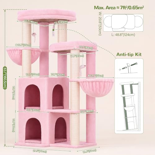 Image of Globlazer Cat Tree Tower for Indoor Cats, Sturdy Adult Cat Tree House for Large Adult Cats with 2 Platform, 6 Cat Scratching Post, 2 Cat Caves, Dangling Toys, S63, 63 inch, Pink