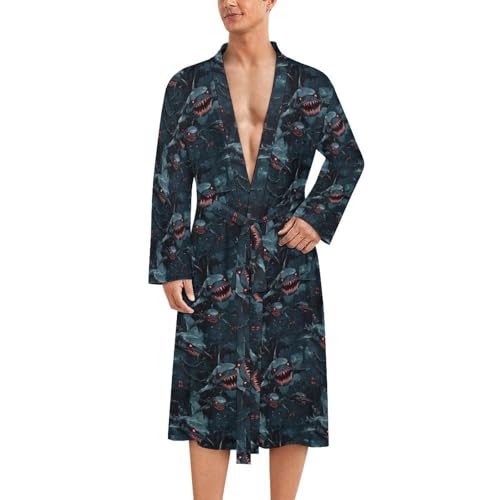 Peignoir de bain homme style kimono léger en coton motif requin foncé