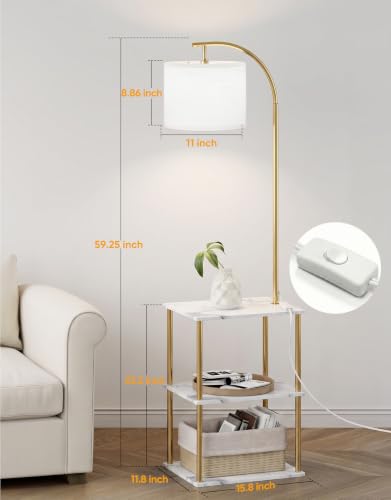 Image of PARTPHONER Floor Lamp with Table, Night Stand with Lamp, Narrow Side Table with 3CCT LED Bulb, Small Coffee Table, Modern End Table with Storage Shelves for Living Room, Marble White and Gold Poles