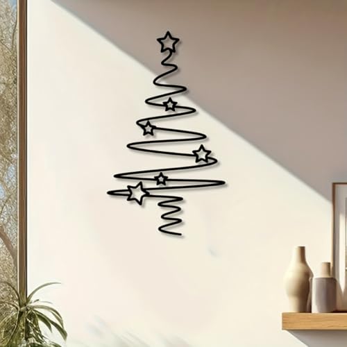 Arte de parede de árvore de Natal de metal de 30 cm x 17 cm - Design em espiral de ferro preto com 6 estrelas | Decoração interna e externa para sala de estar, jardim e pátio