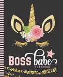 Boss Babe Notebook: Wide Ruled / 7.5 x 9.25 Blank Paper / 108 Pages / Stationery Gift for Note Taking - Writing - Doodles / Gold Unicorn Horn Pink Floral Art on Modern Black