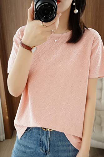 Image of Womens Short Sleeve Sweaters Tops Summer Thin Pullover Cotton Knit Shirt Crew Neck Lightweight Pointelle Blouse