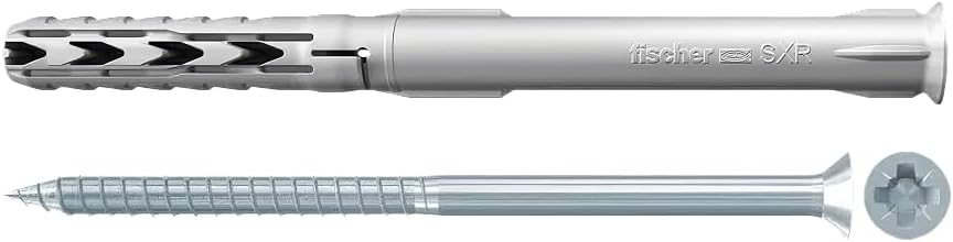 fischer Frame Fixing SXR 10x100 T (3/8in Diameter) with Screw (TRX Head), Low Anchorage Depth, Big Thickness Fixture, Nylon Plugs, 50pcs