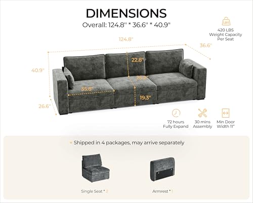 Image of 124.8'' Oversized Modular Sofa Comfy Cloud Couch with Storage, Extra Wide Sectional Sofa for Living Room, Covers Washable, 3-Seater, Chenille, Grey